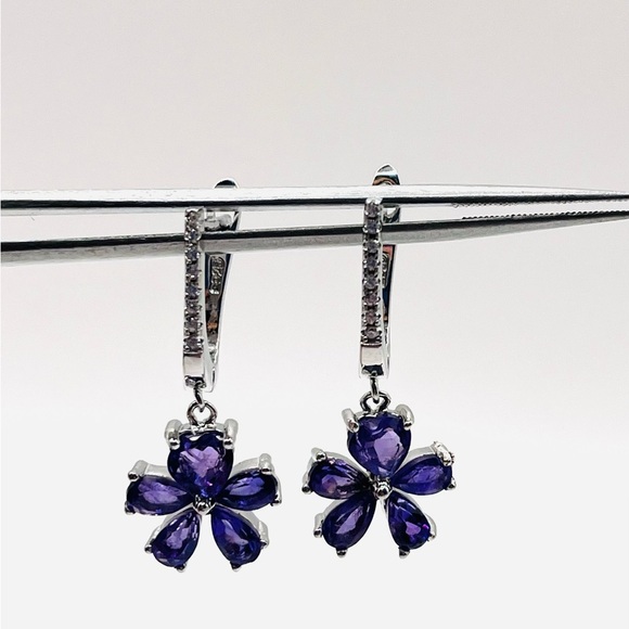 Genuine Amethyst Pear Cut Sterling Silver Dangle Earrings - Picture 3 of 4